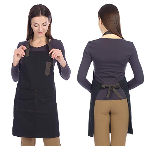 MERFULL Black Kitchen Apron with Pockets, Adjustable Straps, Professional Work Apron for Women
