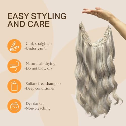 Image of DOORES Wire Hair Extensions 12 Inch 70 g Remy Human Wire Hair Extensions Invisible Transparent Line Adjustable Hairpieces Secret Ash Blonde Highlighted Platinum Blonde