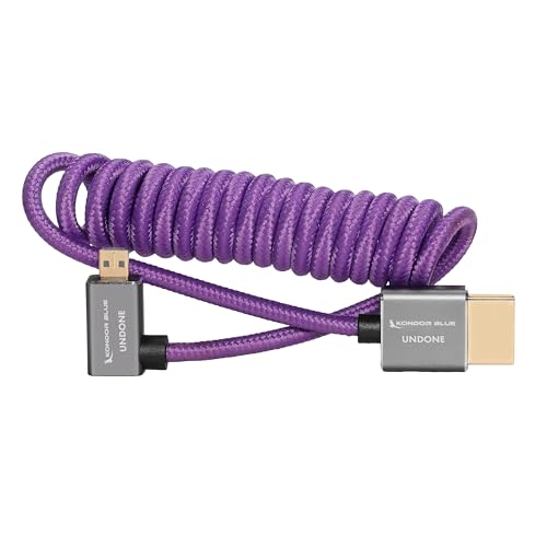 Image of KONDOR BLUE X Gerald Undone | MK2 HDMI to Right Angle Micro HDMI Thin Short Coiled Braided Cable for On-Camera Monitors, Capture Cards + | 4K /60hz | 18Gbps 3D HDR MetaData | Limited Edition Purple