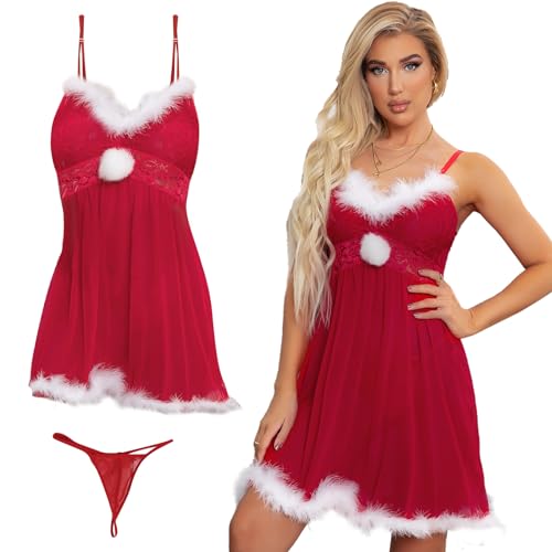 SPHERETRON Weihnachtskostüm Damen Set,Rotes Trägerkleid mit Weißem Pelzbesatz Regelmäßiger Hem,Weihnachtsoutfit Damen für...