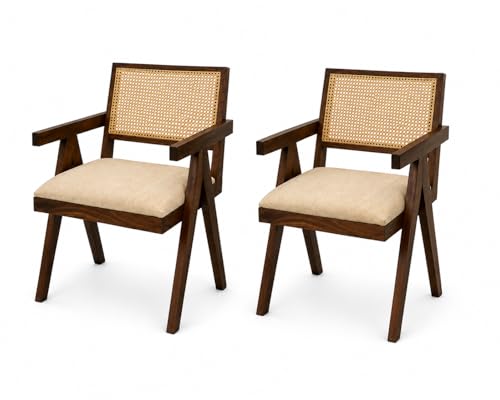 Image of WELL KNOWN | Solid Sheesham Wood Rattan Armchair | Nature Finish, Cane Back & Cream Upholstery | Mid-Century Modern Accent Chair for Living /Dining Room (Pair of 2, Teak Finish)