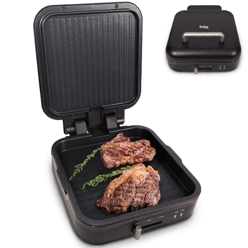Gadgy Barbacoa de contacto – 2 en 1 – Barbacoa eléctrica de mesa con base extraíble – Temperatura ajustable – Asado a una y doble cara – Antiadherente – 1400 W – Negro mate / Plata