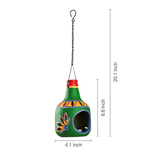 Image of ExclusiveLane EL-008-117 Terracotta 'The Bottle Trio' Living Room Decorative Light Votive Candle Stand (10.4 x 10.4 x 16.8 cm, Dark Green, Sunlight Yellow & Crimson Red) - Set of 3