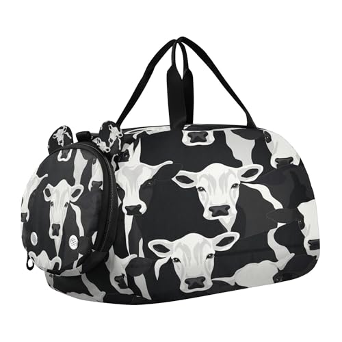 Cow Print Kids Overnight Sports Duffel Bags with Shoe Compartment & Wet Pocket Travel Sport Gym Bag for Girls Boys
