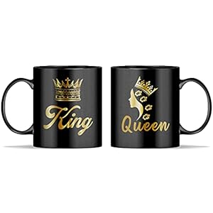 CANDOFF – ” King Queen” Printed Full Black Coffee and Tea Ceramic Mug- 11Oz | Gift for Birthday, Anniversary, Husband, Wife, Couple, Special Friend, Lover, Brother, Sister, Beautiful Mug Set of 2 Mugs