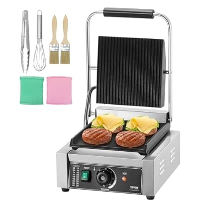 VEVOR kommerzieller Panini-Grill, 1800 W elektrischer Sandwich-Panini-Maker, Sandwich-Pressgrill aus Edelstahl, Panini-Grill mit Temperaturregelung und 23 x 23 cm großer flacher Emaille-Platte