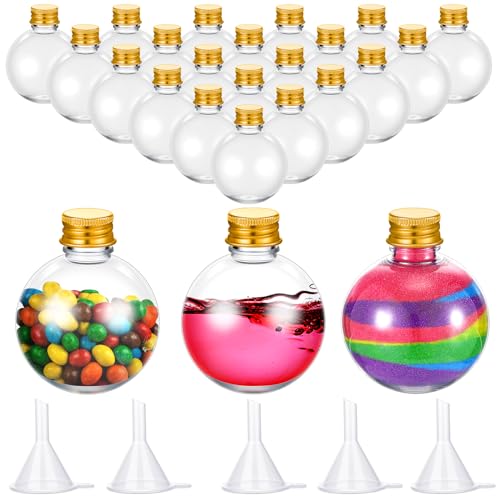 Layhit 24 botellas de plástico esféricas con tapas de aluminio de 3.4 onzas, pequeñas botellas redondas de poción a granel con 5 embudos de plástico, tarro de esfera decorativa para accesorios de