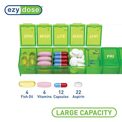 Image of EZY DOSE Weekly (7-Day) Pill Case, Medicine Planner, Vitamin Organizer Box, Convenient and Easy to Use, Large Compartments, Travel Friendly, Green, Made in the USA, BPA Free