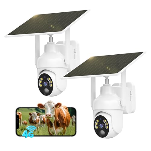 SEHMUA 4G LTE Camara Vigilancia Exterior con Panel Solar, 2K 360° PTZ Camara con Tarjeta SIM Inalámbrica, PIR Detección de Movimiento, Visión Nocturna en Color, Audio Bidireccional, IP66, 2 Unidad