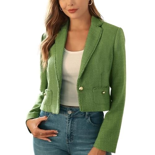 M.Infisavo Women’s Cropped Tweed Jacket Blazer with Pockets Long Sleeve Open Front Notch Lapel Cardigan Elegant for Casual Green Large