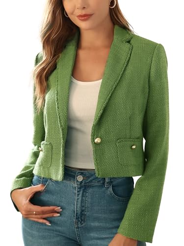 M.Infisavo Women’s Cropped Tweed Jacket Blazer with Pockets Long Sleeve Open Front Notch Lapel Cardigan Elegant for Casual