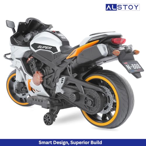 Image of Alstoy RR Kids Electric Ride-On Toy Bike | 12V Rechargeable Battery Operated for Kids | Bluetooth Music | 70kg Capacity | BIS /ISI Approved | Ages 5to12 Years | 6-Month Warranty | Large | Orange+White