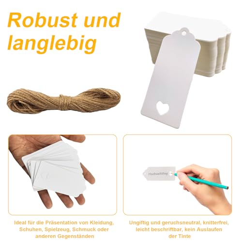 200 Stück Geschenkanhänger & Etiketten,Weiß Kraftpapier Anhänger Etiketten Craft Tags 4x9cm mit Naturjuteschnur 40M, Anhänger für Hochzeitsdekoration,Weihnachten,Geschenkverpackung,DIY-Projekte
