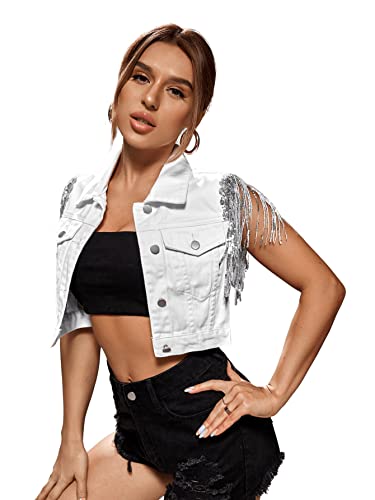 SweatyRocks Women's Fringe Button Down Crop Denim Jacket Sleeveless Collared Jean Coats3