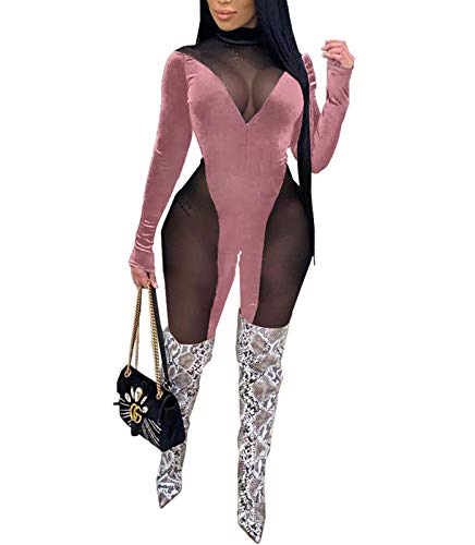 IyMoo Long Sleeve Bodysuit Women - Sexy Jumpsuits for Women Clubwear Bodycon Bodysuit See Through Mesh Long Sleeve Romper Clubwear Pink
