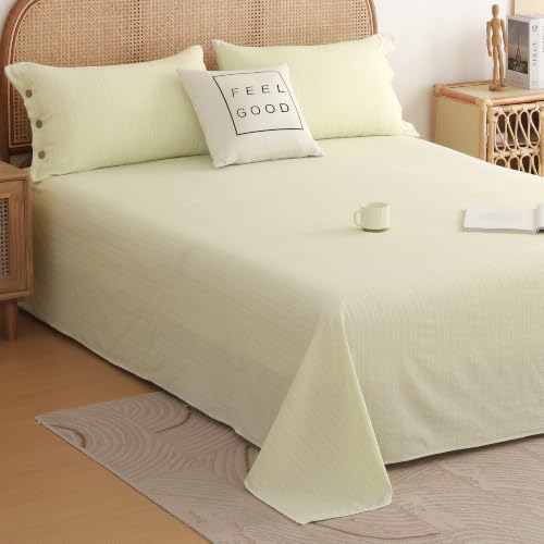 Image of Story@Home Linen King Size Bedsheet Cotton Textured Flat Sheet with 2 Pillow Covers Super Soft Bed Sheet for King Size Bed | 300 TC Striped Pattern | 250 x 270 cm | Sage Green