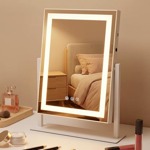 Mursche Espejo de maquillaje con iluminación Hollywood Espejo – 30 × 40 cm LED Vanity Mirror pequeño espejo cosmético con luz espejo de mesa 3 modos espejo tocador táctil regulable