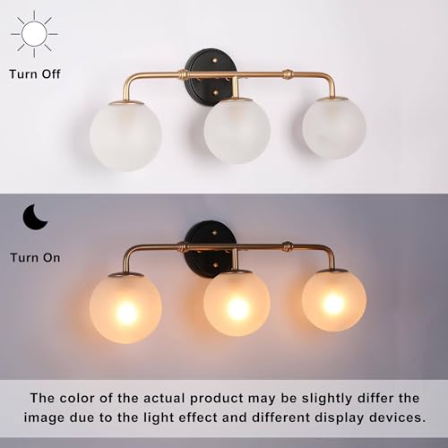 Image of KSANA Bathroom Light Fixtures, 3-Light Black and Gold Vanity Lights with White Frosted Glass Shade, 24.5-inch Modern Bathroom Lighting Over Mirror