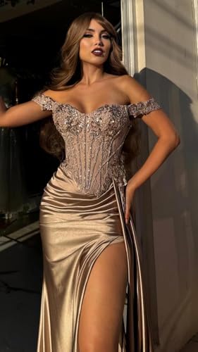 Spaghetti Straps Mermaid Slit Prom Dresses 2025 Beaded Long Satin Formal Evening Gowns for Women3