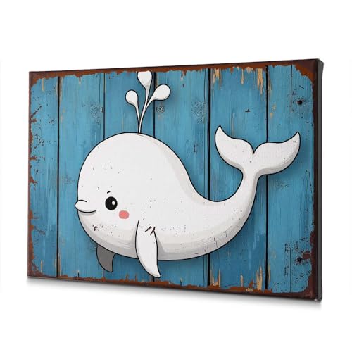 Tableau sur toile baleine blanche déco Pâques fond bois bleu 40x60cm