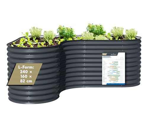 WESTMANN Metallhochbeet inkl. Aussaatkalender | Kräuterbeet für Garten & Terrasse | 240x160x82 cm Grau L-Form | Hochbeet & Frühbeet zum Bepflanzen von Gemüse | Pflanzkasten aus Metall