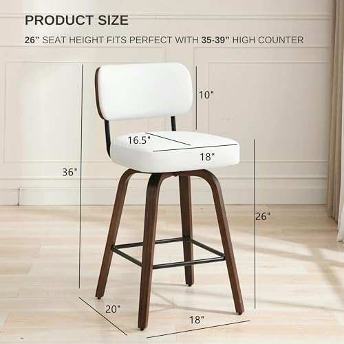 Image of Swivel Bar Stools Set of 3, 26 inch Upholstered Counter Height Bar Stools with Back and Walnut Wood Legs, Faux Leather Barstools for Kitchen Counter, White