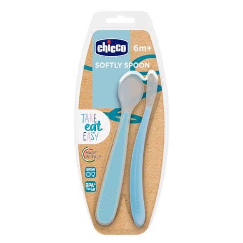 Chicco Cucchiaino Svezzamento in Silicone, Set 2 Cucchiai Morbidi per Neonati e Bambini, Delicati e Flessibili, con Impugnatura Ergonomica e Manico Lungo Curvato, 2 Pezzi - 6+ Mesi, Azzurro