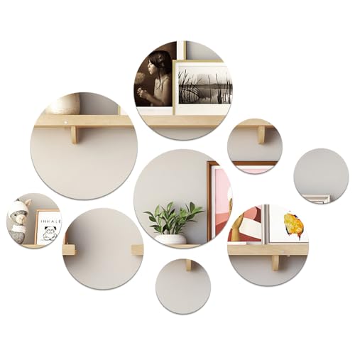 Lot de 9 miroirs adhésifs ronds en acrylique 10/14,8/18/19,5 cm miroir décoratif mural pour salon, salle à manger, chambre à coucher, couloir