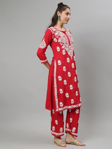 Image of Seva Chikan Hand Embroidered Lucknowi Chikankari Rayon Kurta and Palazzo Set SCL8037