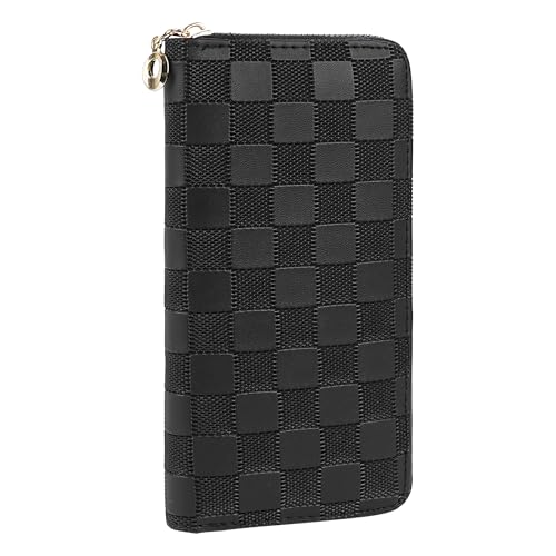 Checkered Zip-Around Wallet for Women, Faux Leather Credit Card and Cash Holder, Long Clutch Phone Purse, Black
