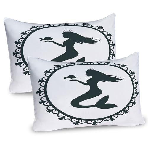 Ambesonne Mermaid Pillow Sham Set of 2, Vintage Graphic Illustration of a Framed Cartoon Girl Crown and Fish, Quality Microfiber Bedding Item for All Seasons, 36