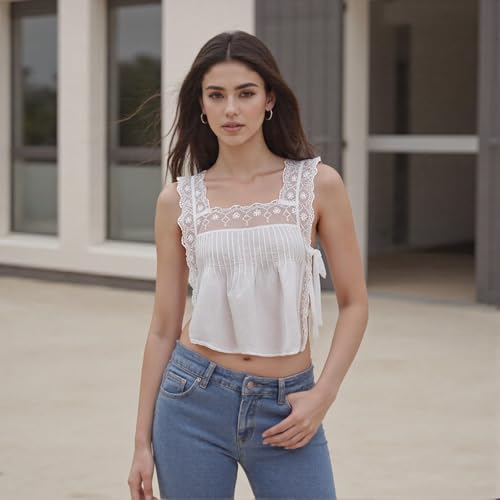 Women Lace Trim Side Tie Tank Top Y2k Sleeveless Flowy Ruffle Cute Summer Clothes Teen Girls4