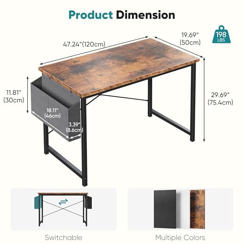 Image of OLIXIS Computer Desk, 47 Inch Gaming Desks for Home Office Small Spaces | Writing Study Craft Work Table, Computer Workstation for Bedroom with Storage Bag, Rustic Brown
