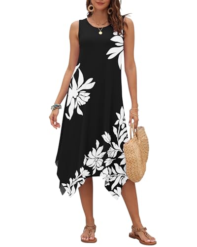 Image of AUSELILY Women's Summer Dresses Casual Sleeveless Midi Dress with Pockets | Crew neck tank dress with asymmetrical hem, ideal for beach, vacation, and daily wear