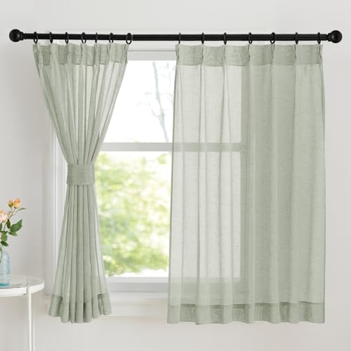 NICETOWN レースカーテン 麻風 タイプ-3 プライバシーカット リネン風 おしゃれ 洗濯機対応 インテリア 日焼け防止 無地 風通し お飾り 和室 掃き出し窓 幅100cm 丈110cm グリーン
