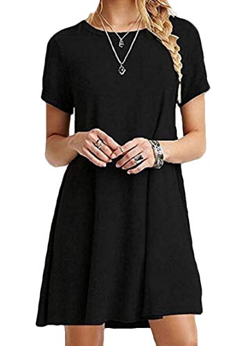 Vestido feminino casual grande da KLJR, manga curta, gola redonda, cor sólida, Preto, Large