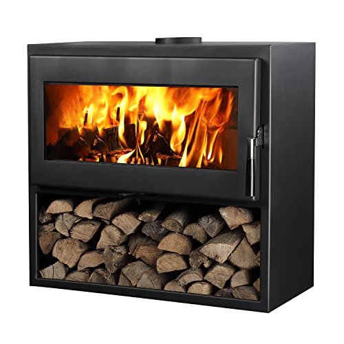 Supra LARRY BÛCHER - Stufa a legna, sistema vetro pulito, doppia combustione, design, sicura fino a 150m2, 15x37x70, nero e color acciaio