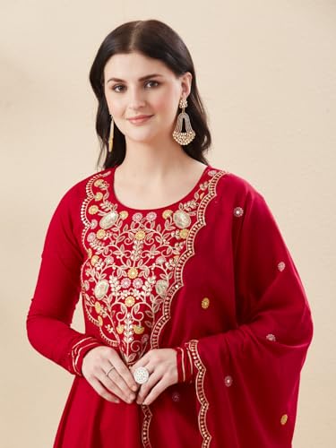 Image of MOKOSH Women's Cotton Anarkali Kurta Palazzo with Dupatta | Anarkali Kurta Set | Round Neck Full Sleeve | 3 Piece Outfit | Indian Kurta Outfit With Palazzo Pant | Embroidered