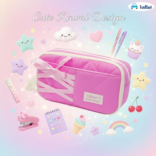 Image of FunBlast Pencil Pouch for Girls - Aesthetic Multi-Compartment Zipper Pouch with Drawstring Pocket, Cute Kawaii Pencil Case, Stylish Stationery Pouch, Return Gift for Kids & School Use (PinkB)