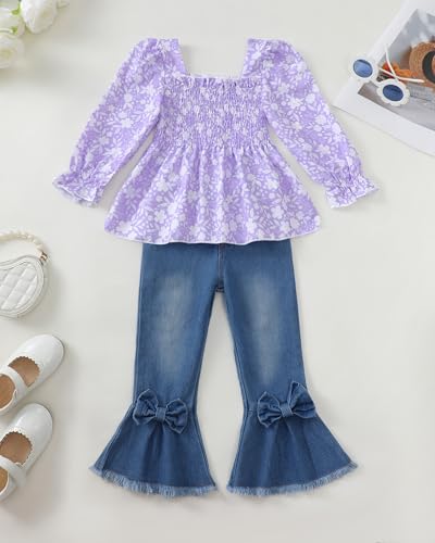 Kucnuzki Toddler Kids Girls Clothes Short Sleeve Shirt Top Flare Denim Jeans 2 Piece Outfits For Girls Cute Clothing Set4