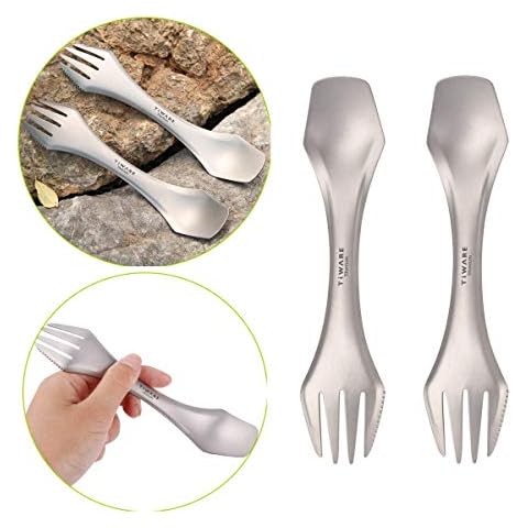 2 pcs Titanium spork Eco-friendly Durable Rustproof Titanium flatware Light weight spoon/Knife/Fork 3 in 1 Cutlery/Utensil for outdoor camping travel hiking One pair Lot of 2 each Cover