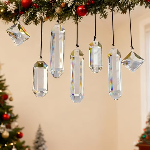 HDCRYSTALGIFTS 7er Set Kristallprismen - Moderner Sonnenfänger als stilvolles Geschenk mit Regenbogeneffekt - Hängedeko für Fenster, Balkon, Küche & Garten