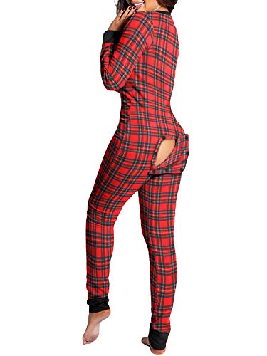 Women's Onesie Butt Flap Pajamas Christmas Long Sleeve V-Neck Bodycon Sleeping Romper Detachable Crotch Home Clothes (A-Red Plaid, XL)