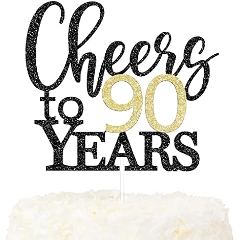 LOVENJOY Cheers to 90 Years Cake Topper for Happy 90th Birthday Anniversary Cake Decorations, Dual-Side Glitter Black and Gold Cover