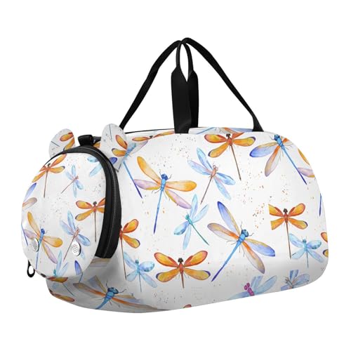Orange Dragonfly White Kids Travel Duffel Bag for Boys Girls Overnight Weekend Tote Bag with Shoes Compartment for Trip Beach Swim