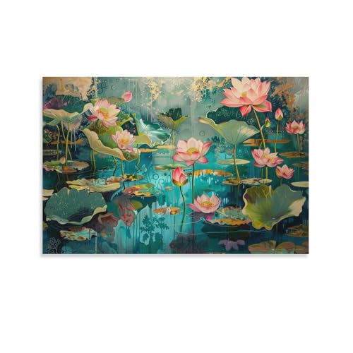 絵画 美しい蓮の池インテリア 絵画 魅力的な花 油絵イラストアートアートパネル 壁の絵 ポスター 壁掛け ソファの背景絵画 玄関 壁飾り 絵画 額無し 40x60cm