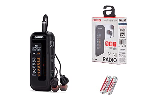 Aiwa R-22BK Micro Pocket radio with Stereo headphones, Compact size, Clamping clip, MW/FM stereo, Analog ETS -Black - UK Model