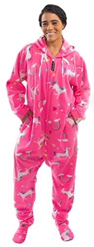 Forever Lazy Onesies für Erwachsene, Einteiler, Pyjama, Jumpsuits für Damen und Herren, Unisex, mit abnehmbaren Füßen., Rosa, Einhorn, L