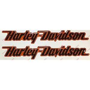 Lot de 2 stickers, logo Harley Davidson, en résine effet 3D, noir et orange. Pour réservoir d’essence ou casque.