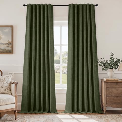 HOMEIDEAS 100% Blackout Faux Linen Olive Green CurtainsModern Farmhouse Luxury Winter Curtains 84 Inches Long 2 Panels Rod Pocket & Back Tab for Boho Vintage Living Room Bedroom Decor